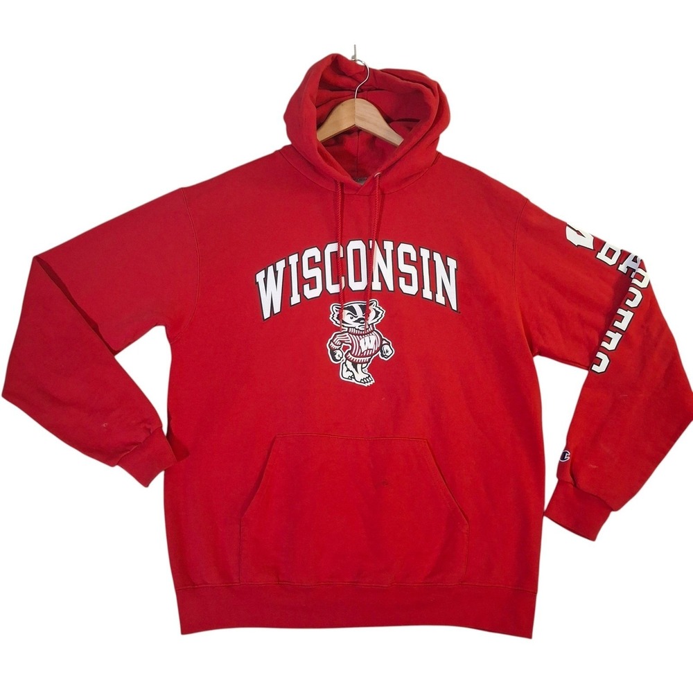 Champion Wisconsin Badgers Hoodie‎ Men's L Red Bucky Badger Pullover Sweatshirt